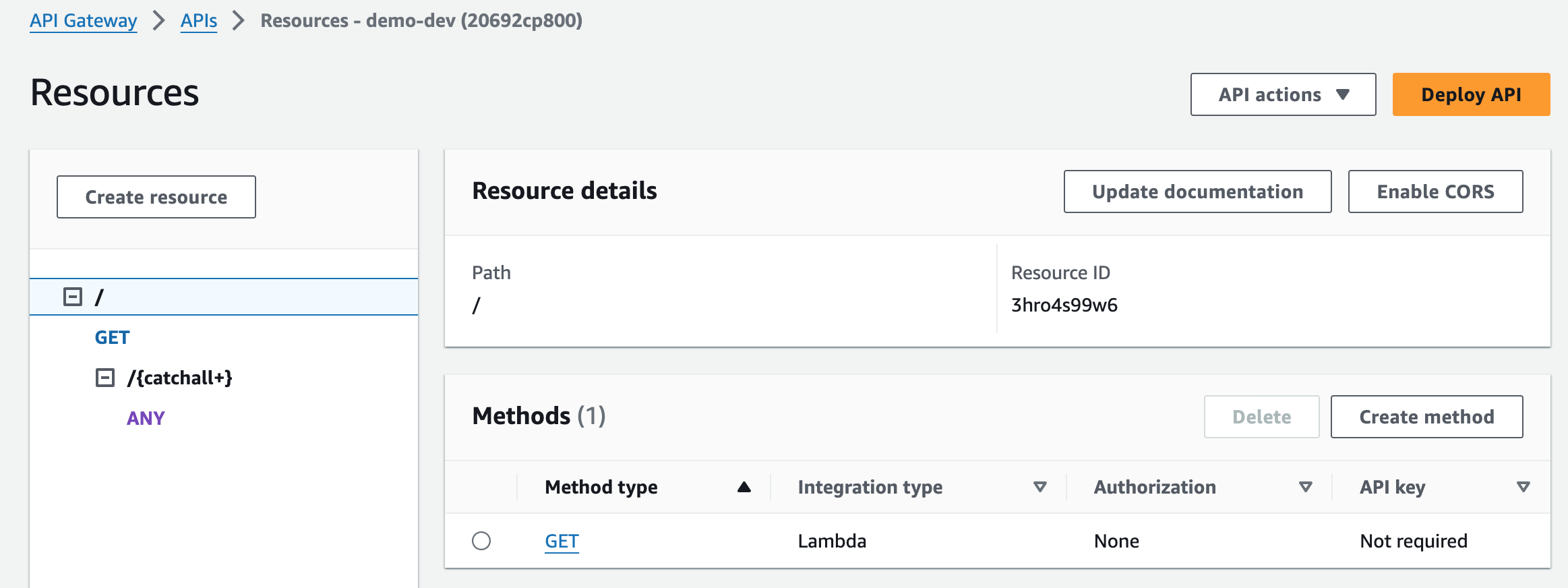 Screenshot of generated API Gateway resources in the AWS Console